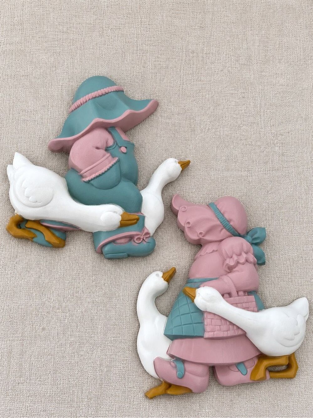 Vintage 1988 Burwood Boy Girl Goose Wall Plaques Pair Pink Teal Cottage Decor US
